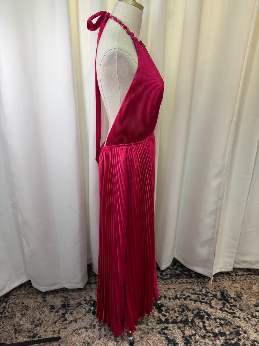 Milly ‘Kora’ Fuchsia Pink Accordion Pleated Satin Halterneck Maxi Dress Size 10 - Picture 14 of 16